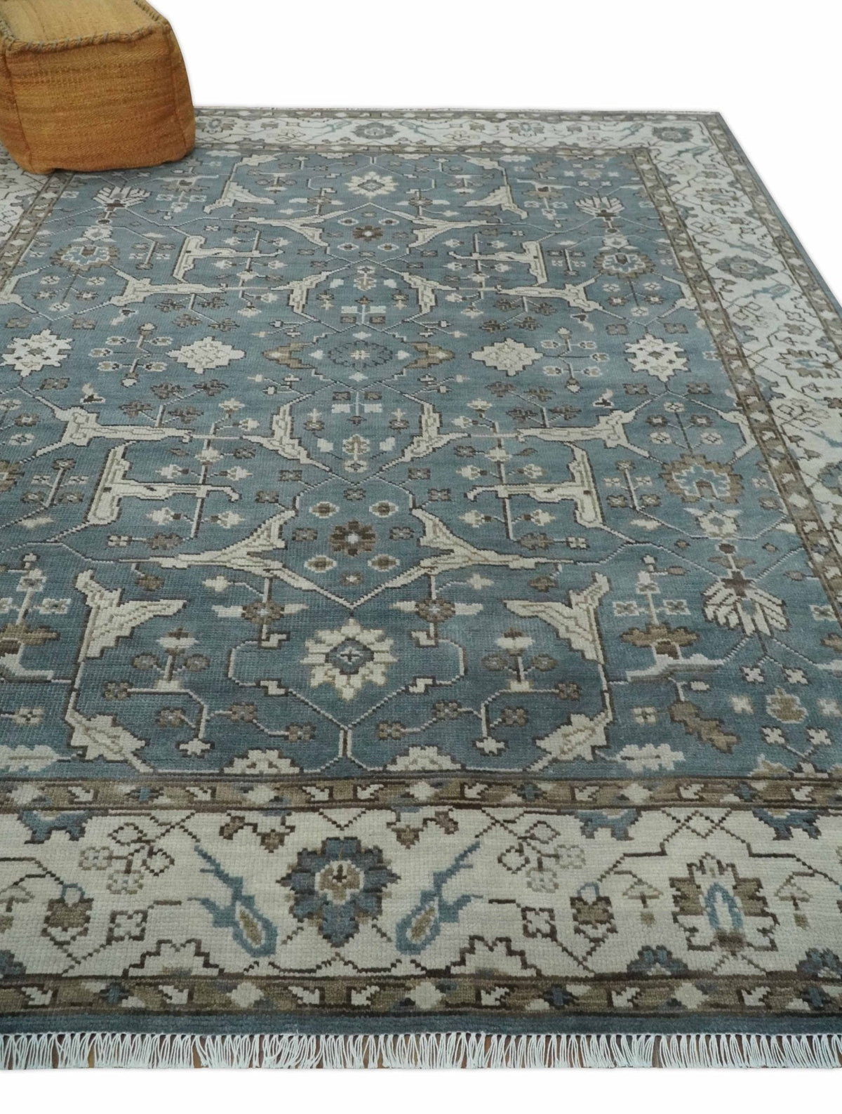 Traditional Blue, Ivory and Brown Oriental Oushak 8x10 wool Area Rug