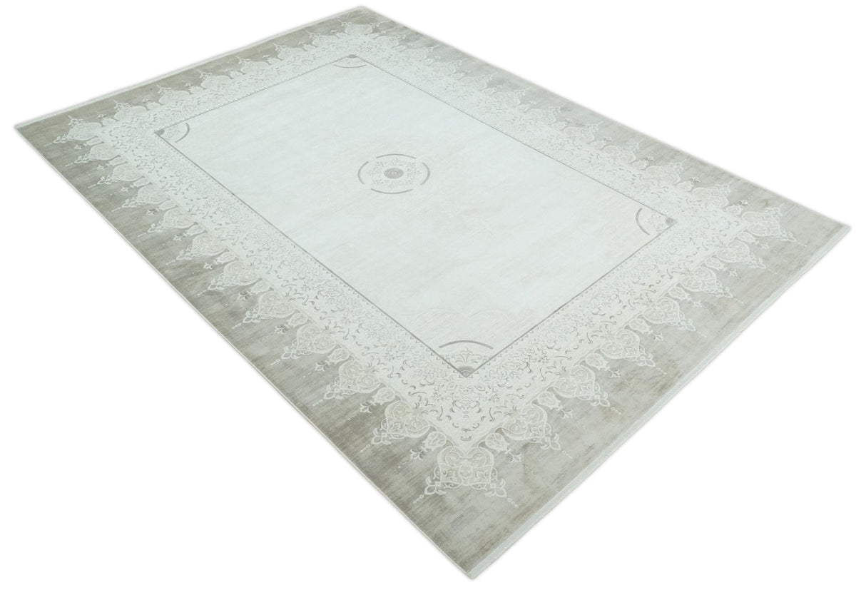 Traditional Brown and Ivory Antique Finish Art Silk Area Rug