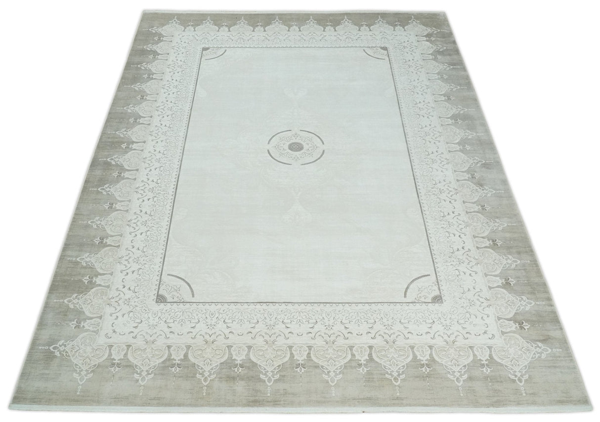 Traditional Brown and Ivory Antique Finish Art Silk Area Rug