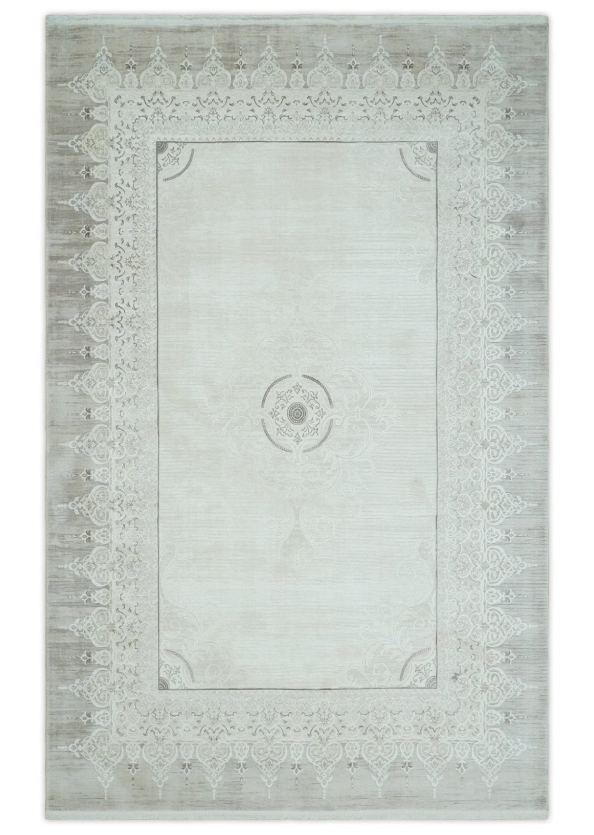 Traditional Brown and Ivory Antique Finish Art Silk Area Rug