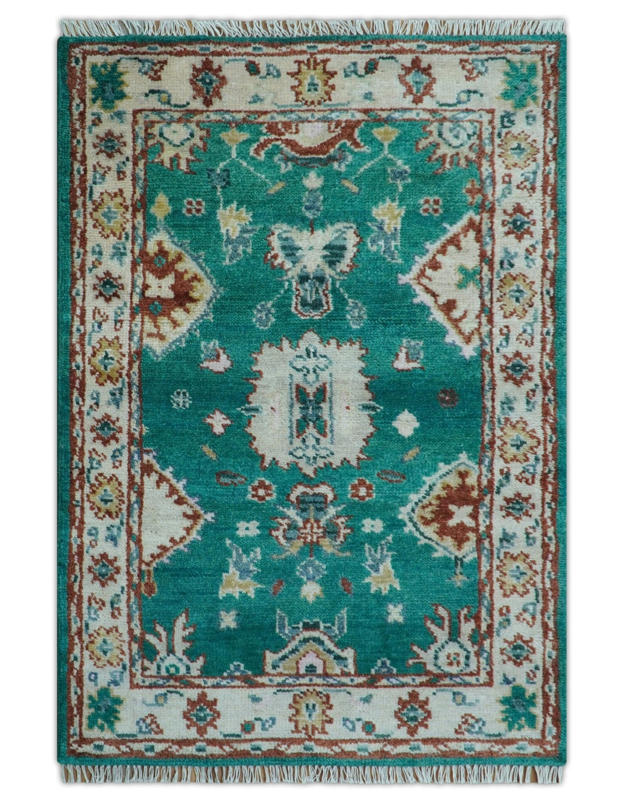 Traditional Design Teal Hand knotted 4x6 Wool Area Rug