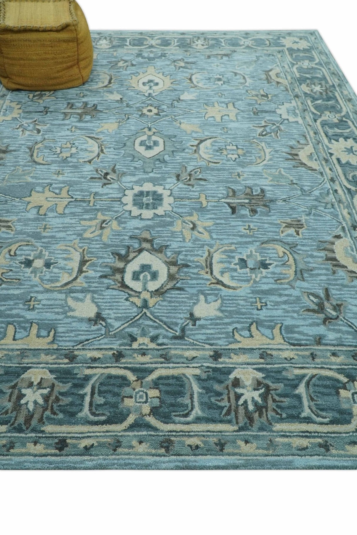 Traditional Floral Aqua, Gray and Beige Hand Tufted Multi size wool area rug