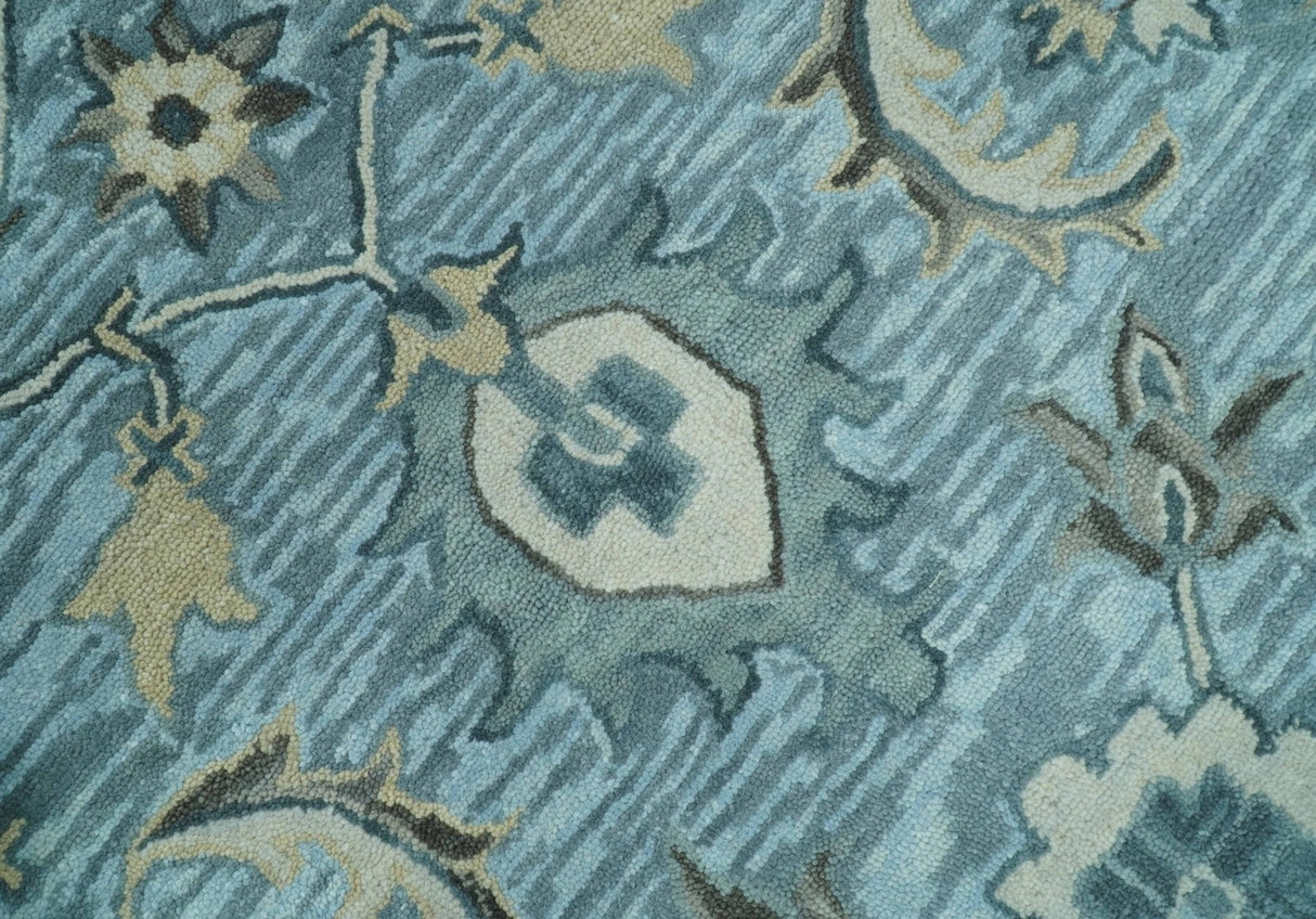 Traditional Floral Aqua, Gray and Beige Hand Tufted Multi size wool area rug