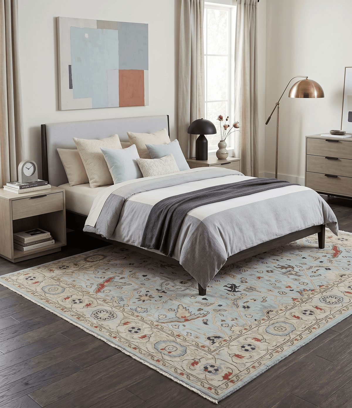 Traditional Floral Blue, Ivory and Beige Oriental Oushak Multi size wool Area Rug