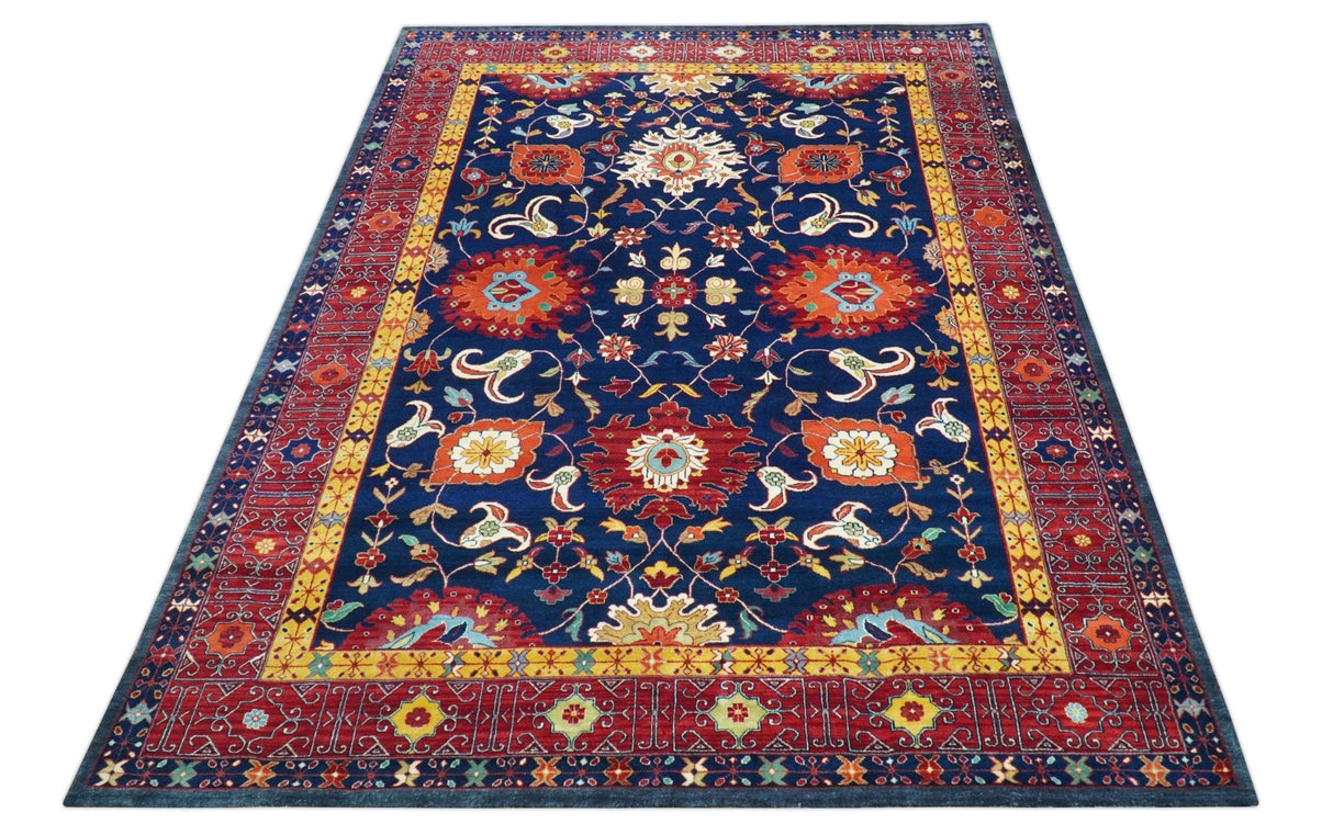 Traditional Floral Design Blue And Red 8x11 Hand Knotted wool Area Rug