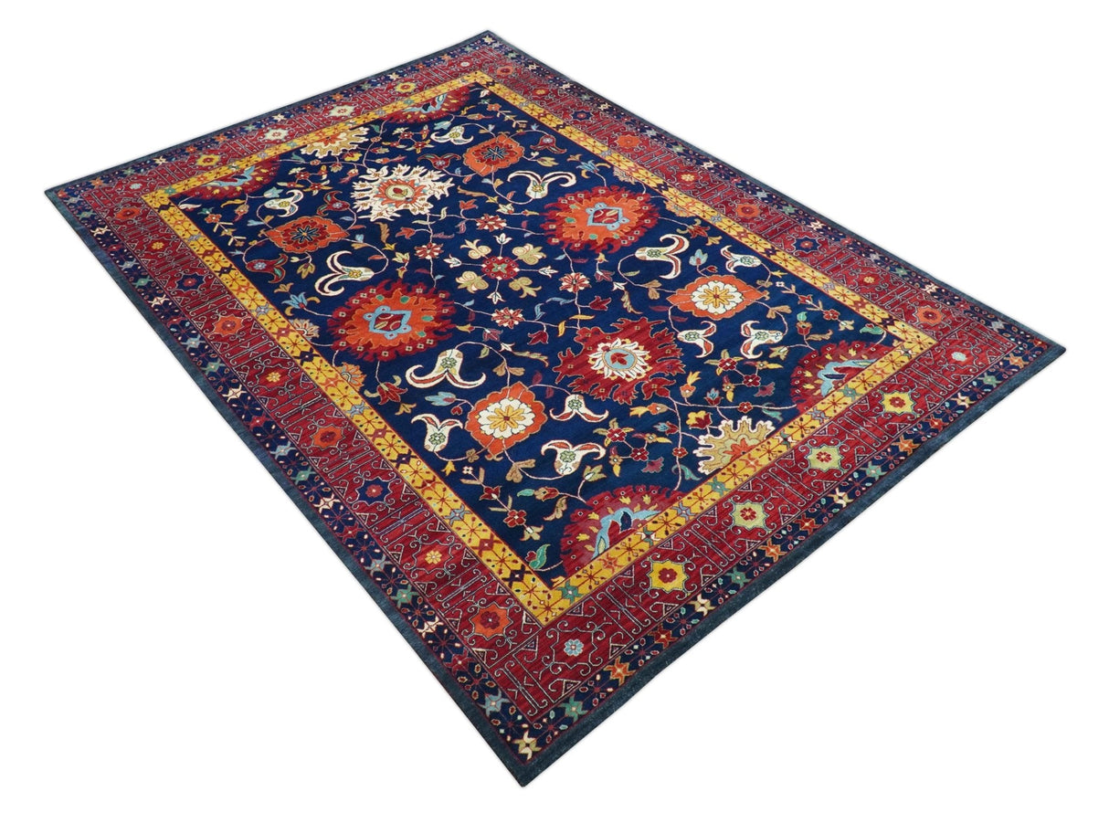 Traditional Floral Design Blue And Red 8x11 Hand Knotted wool Area Rug