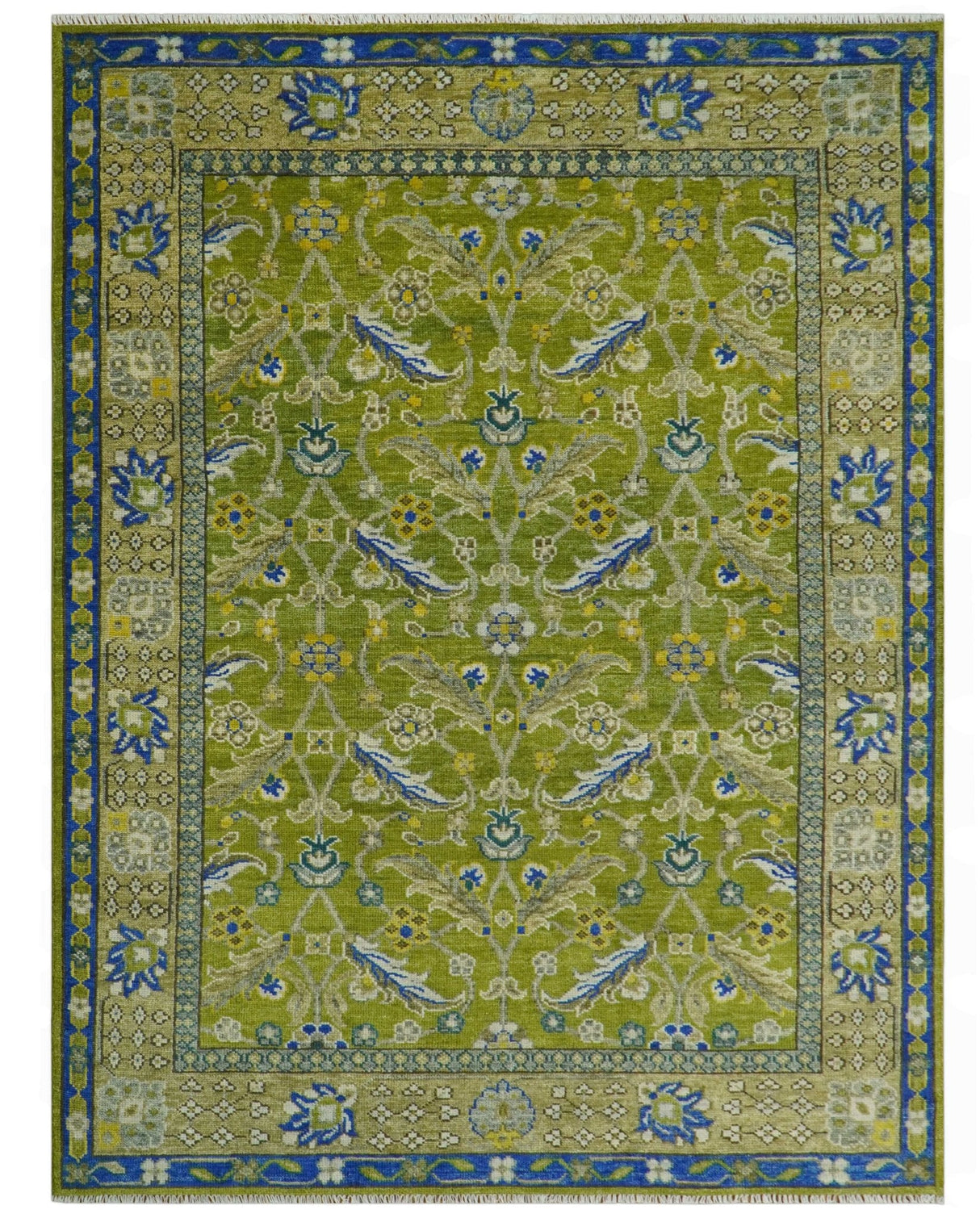 Traditional Floral Green and Blue Hand Knotted Multi size wool area rug