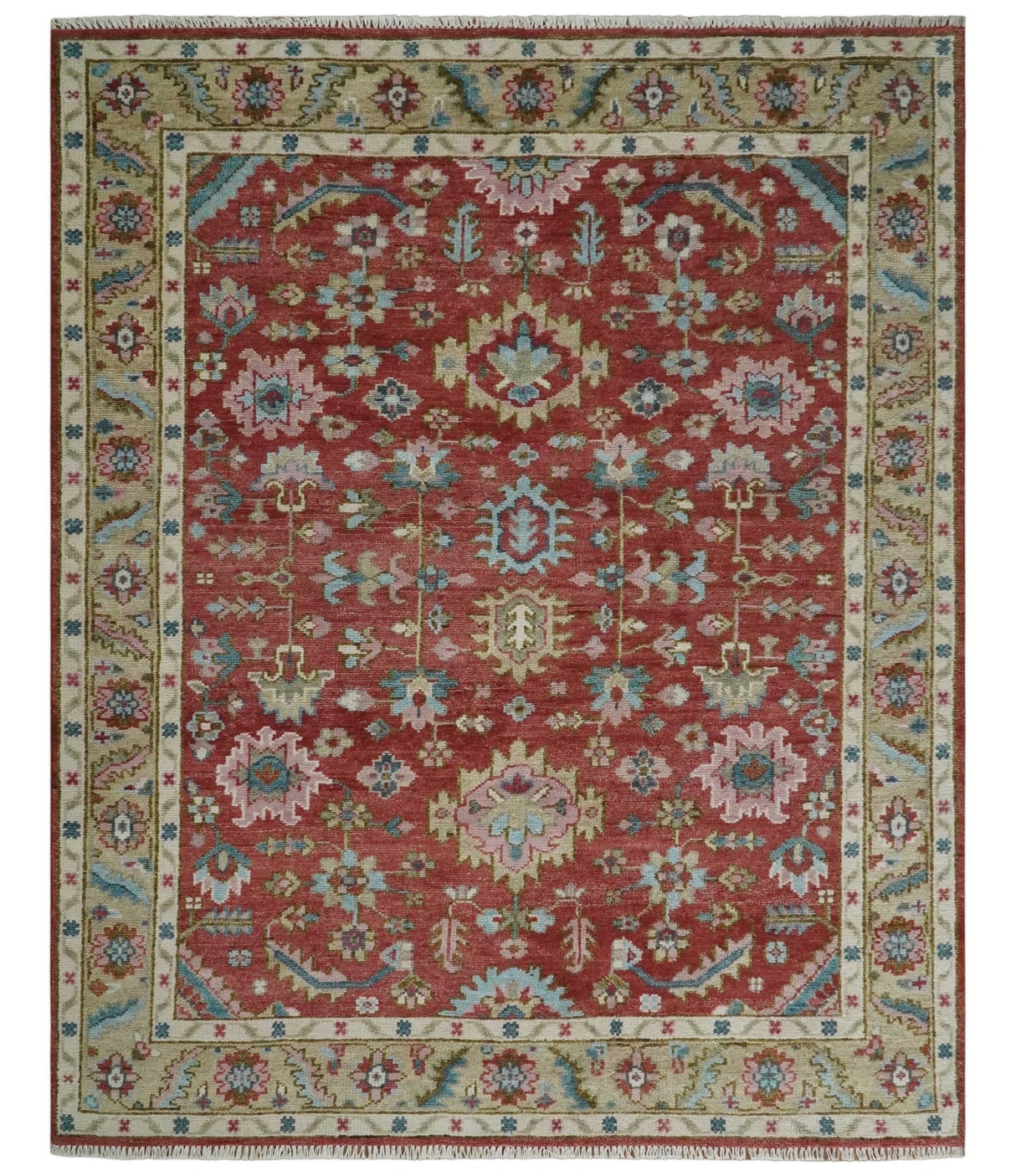 Traditional Floral Rust, Beige and Teal Hand knotted 8x10 Oushak wool Area Rug