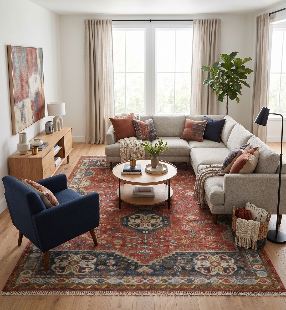 Traditional floral Rust, Charcoal and Beige Mamluk design Custom Made wool Area Rug