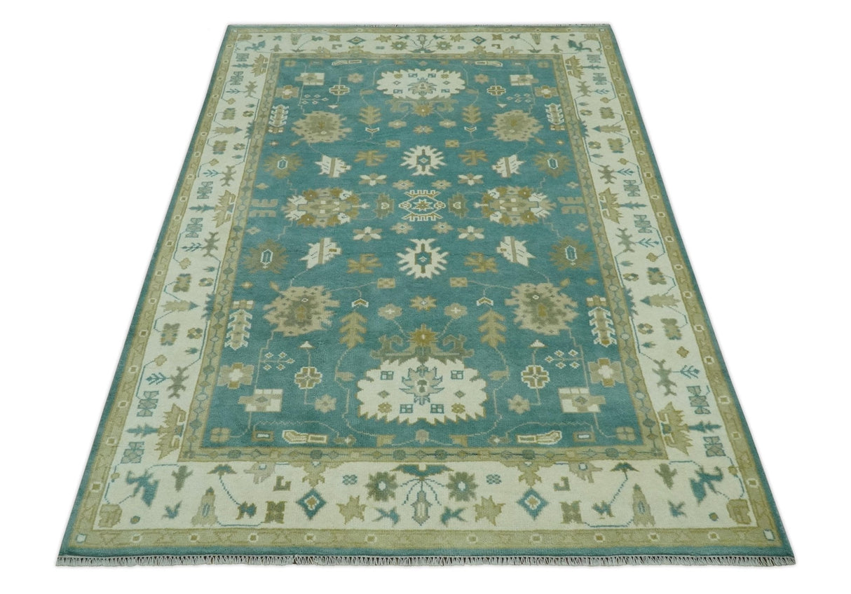 Traditional Floral Teal, Ivory and Beige Oriental Hand Knotted Multi Size wool rug