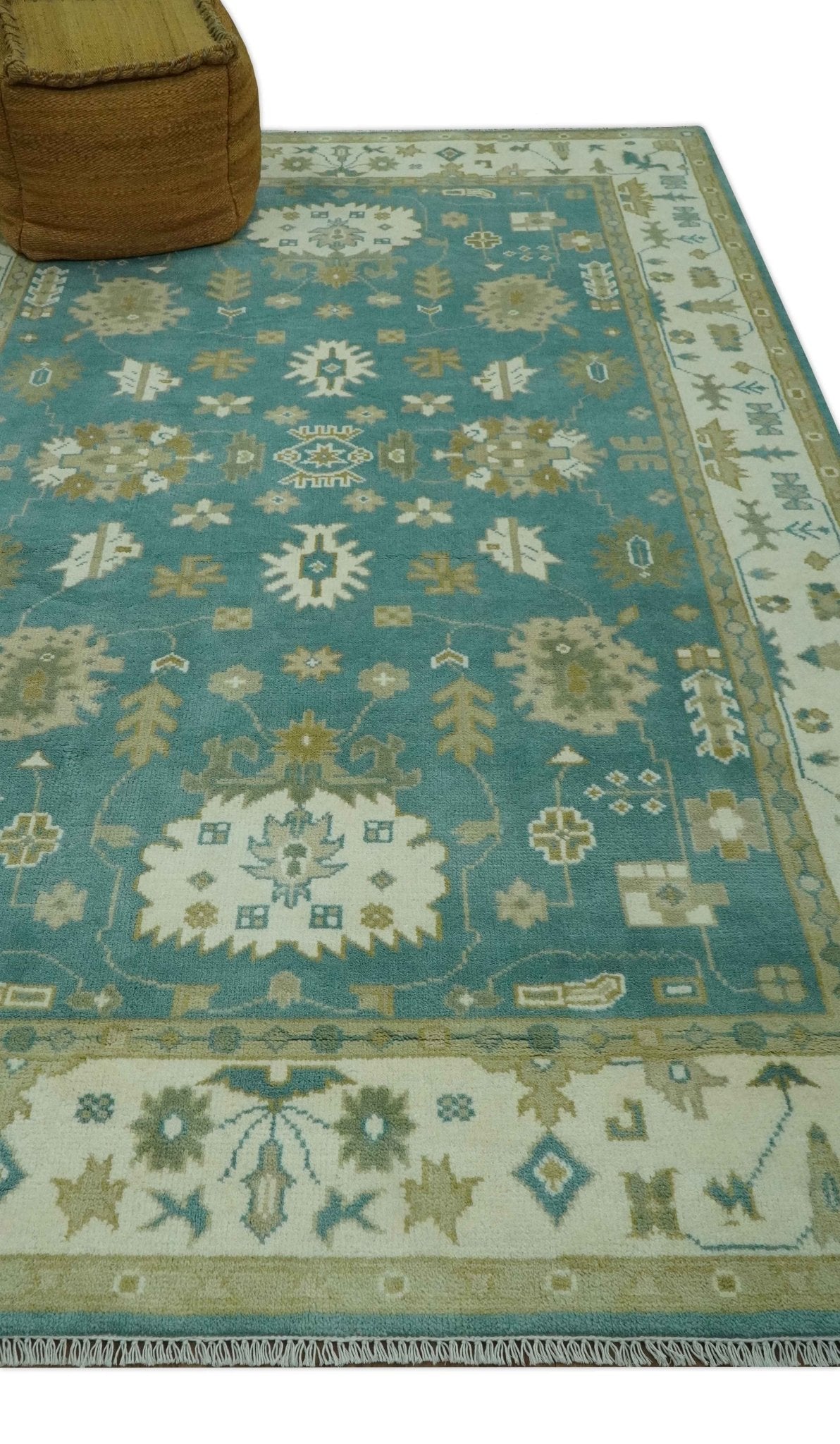 Traditional Floral Teal, Ivory and Beige Oriental Hand Knotted Multi Size wool rug