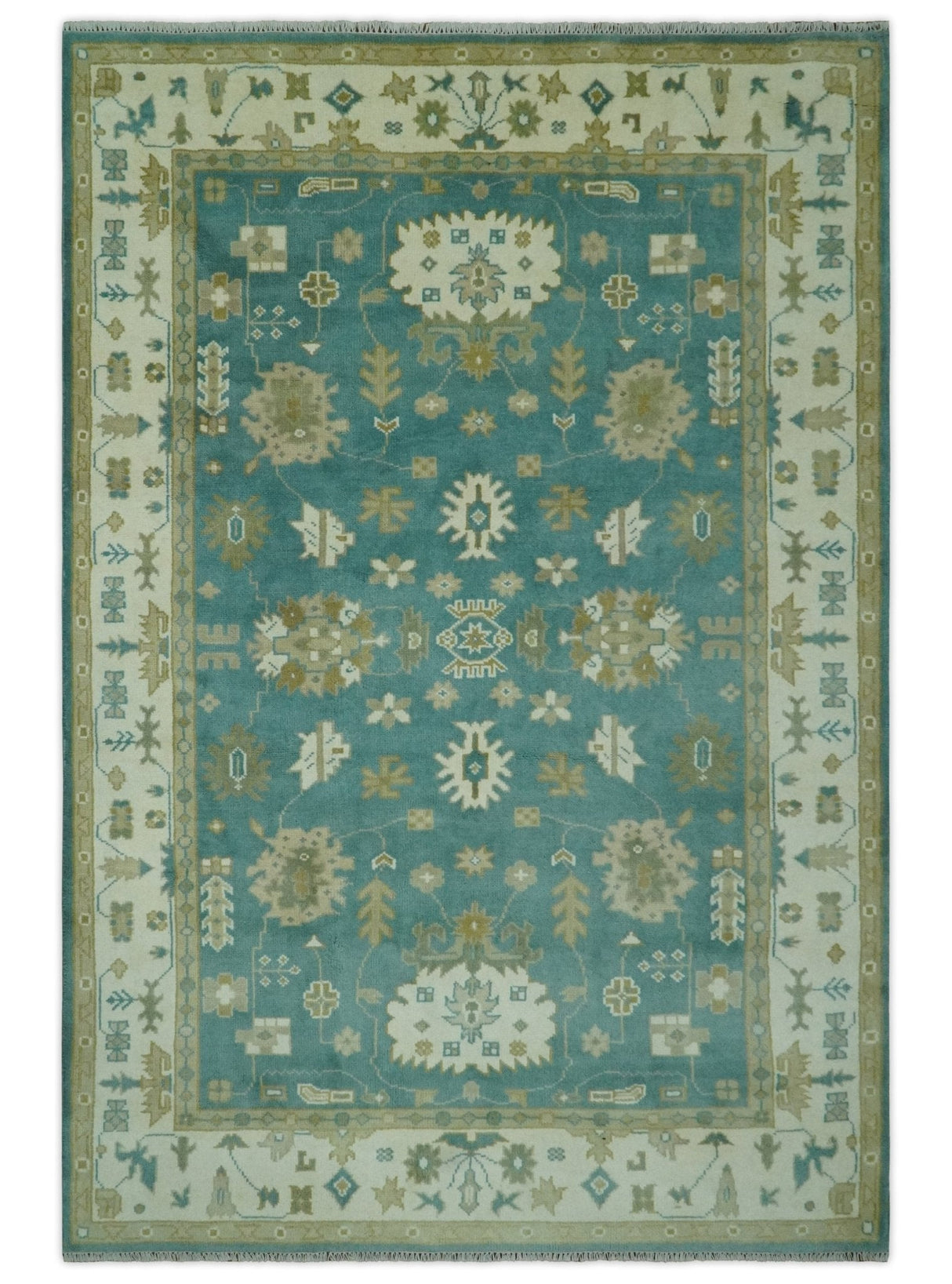 Traditional Floral Teal, Ivory and Beige Oriental Hand Knotted Multi Size wool rug
