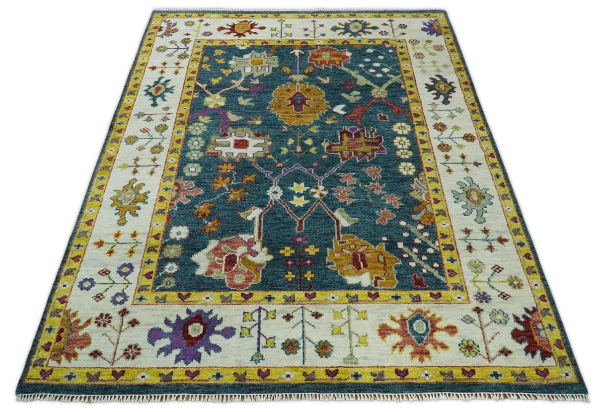 Traditional Floral Teal, Ivory and Mustard Hand Knotted Oriental Oushak wool Area Rug