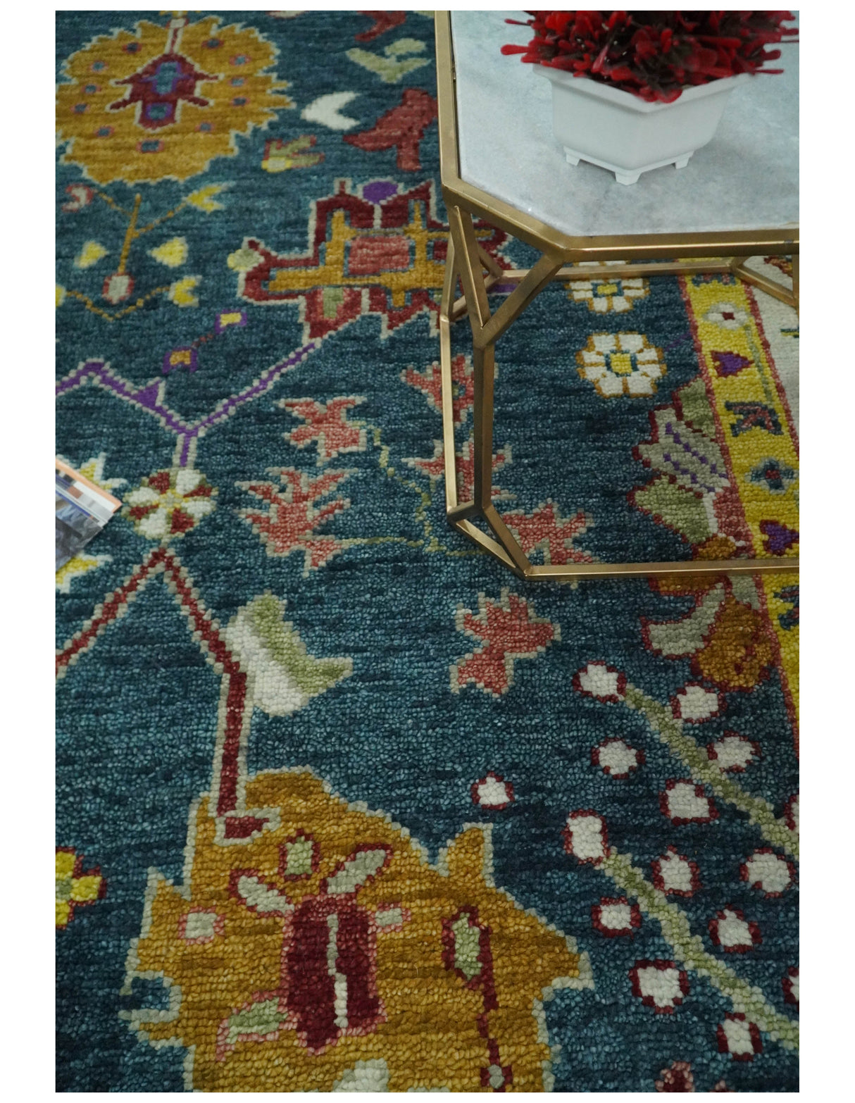 Traditional Floral Teal, Ivory and Mustard Hand Knotted Oriental Oushak wool Area Rug