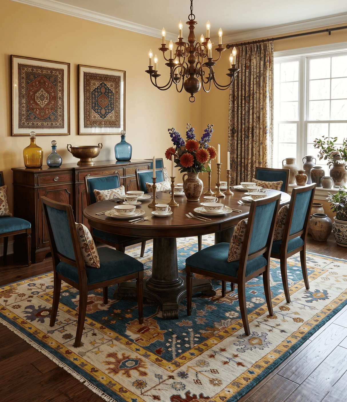 Traditional Floral Teal, Ivory and Mustard Hand Knotted Oriental Oushak wool Area Rug