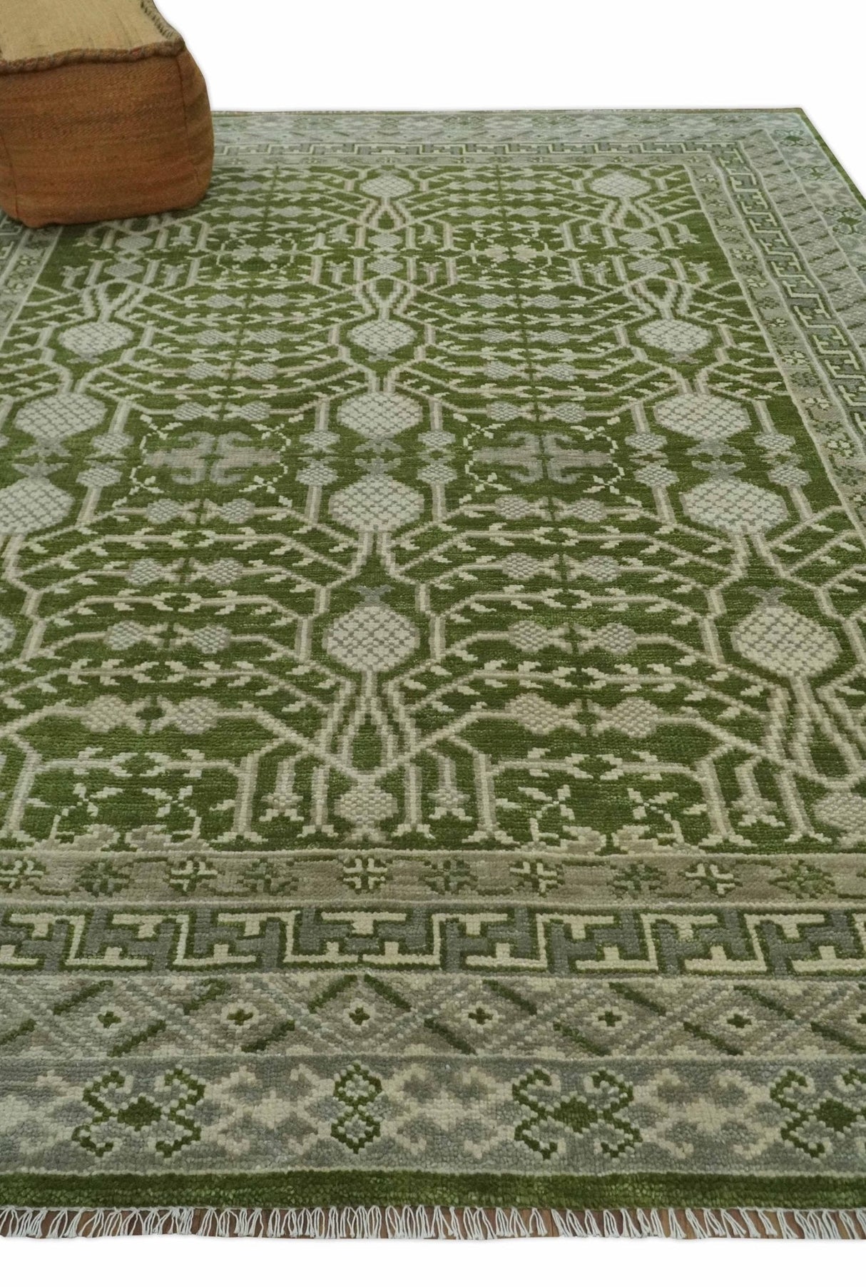 Traditional Hand knotted Royal Green and Ivory Turkish Design wool Area Rug