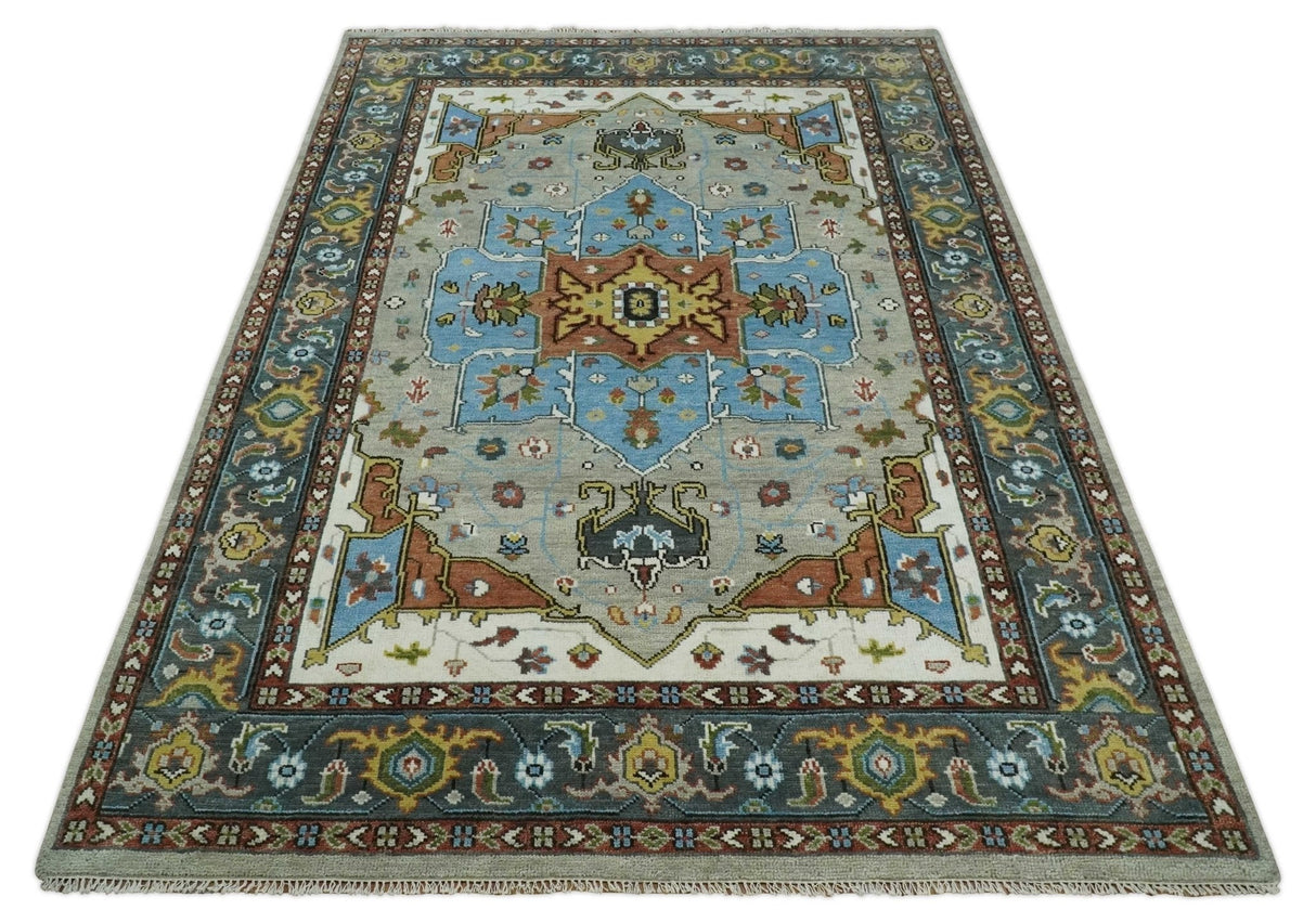 Traditional Heriz Blue, silver, Charcoal and Ivory Hand Knotted wool Area Rug