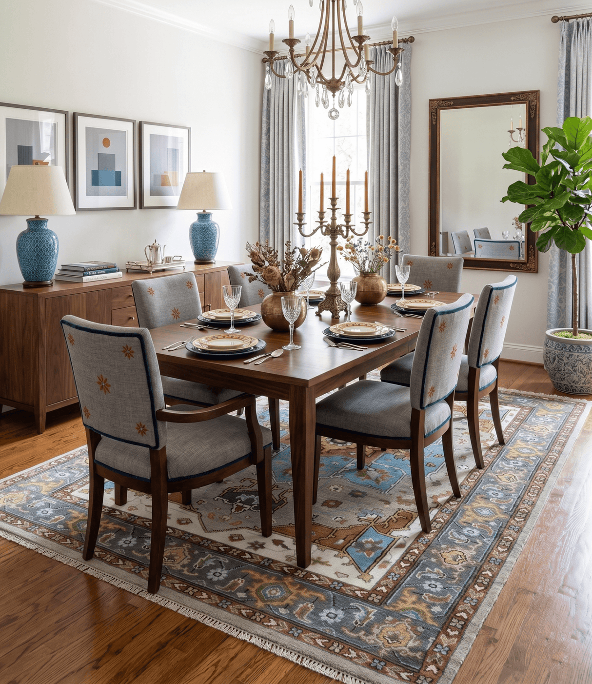 Traditional Heriz Blue, silver, Charcoal and Ivory Hand Knotted wool Area Rug