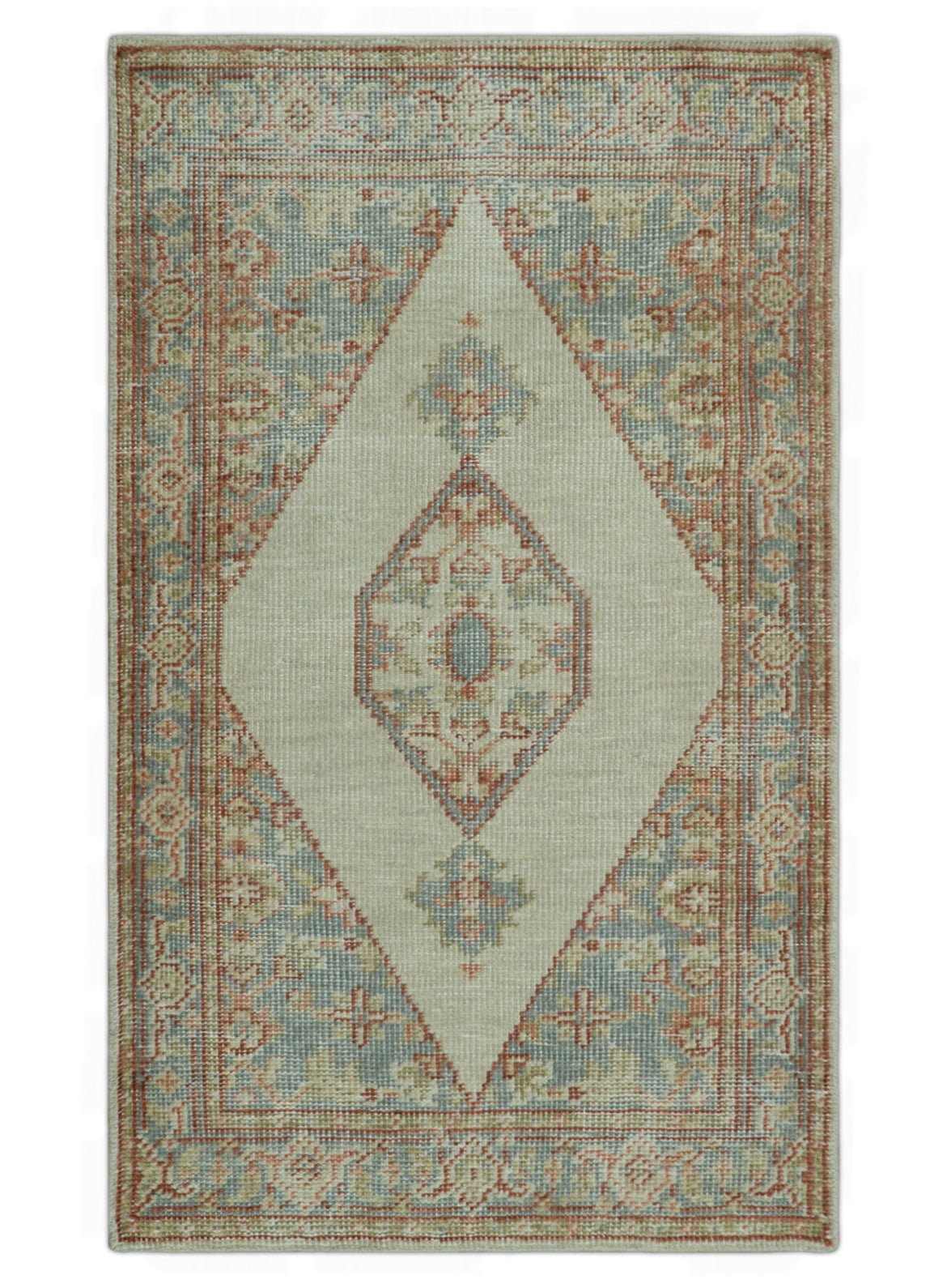 Traditional Heriz Design Beige And Blue Hand Knotted 3x5 Wool Area Rug