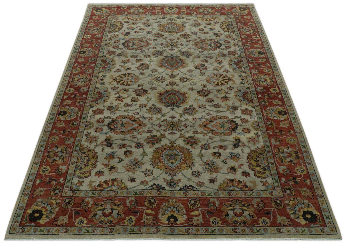 Traditional Heriz Design Beige And Brown 6x9 Hand Knotted Wool Area Rug