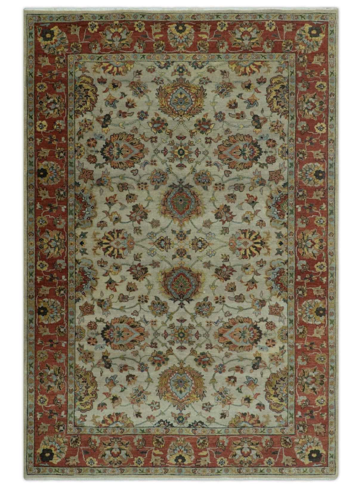 Traditional Heriz Design Beige And Brown 6x9 Hand Knotted Wool Area Rug
