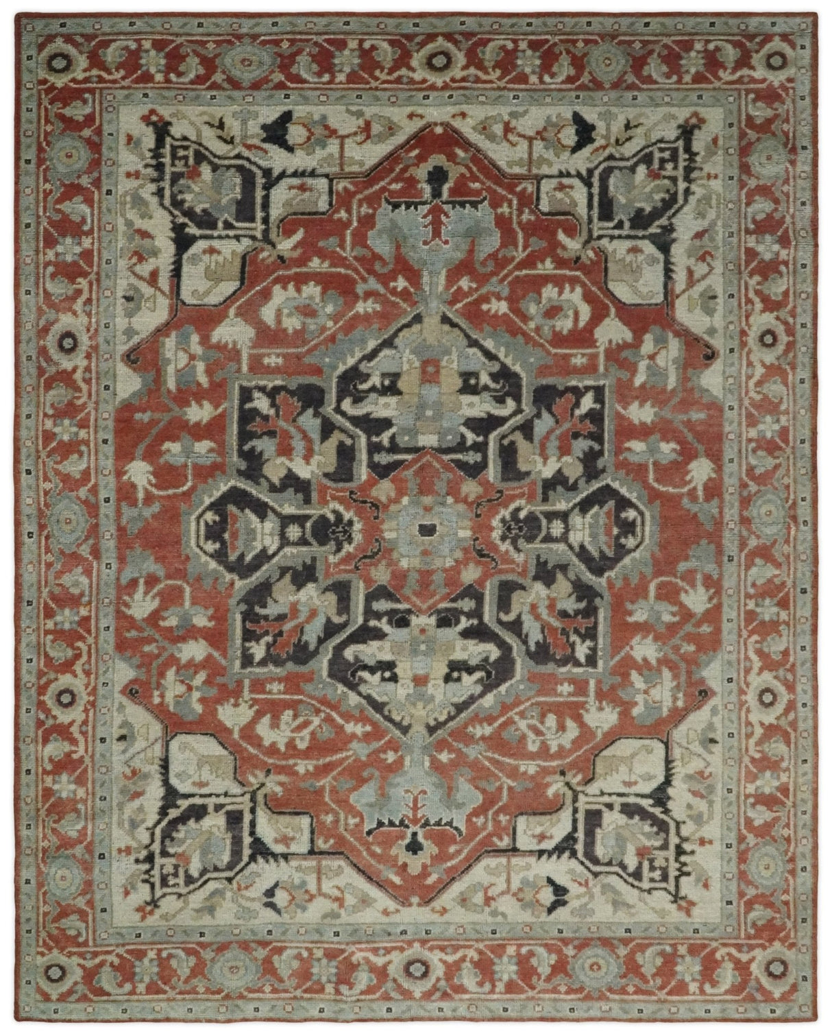 Traditional Heriz Rust And Beige Hand Knotted Wool Area Rug