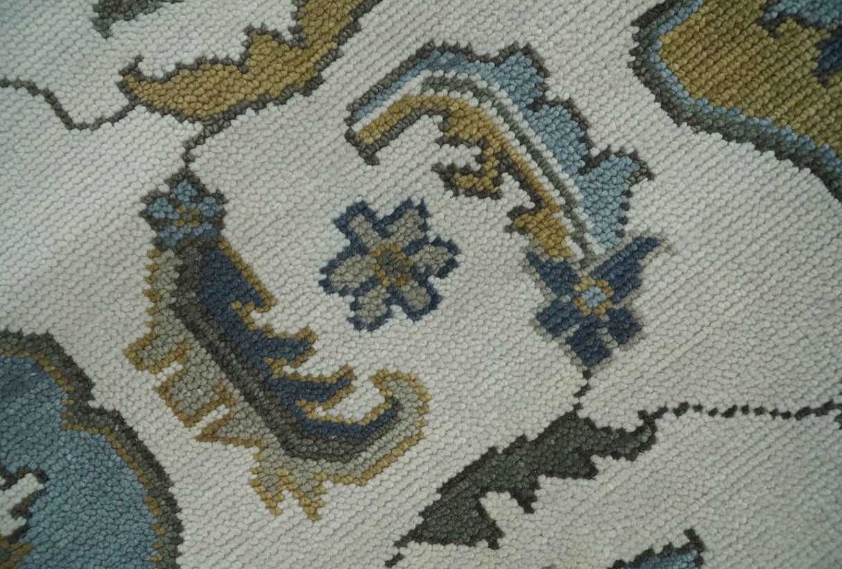 Traditional Ivory and Beige Hand Knotted Oriental Oushak Wool Area Rug