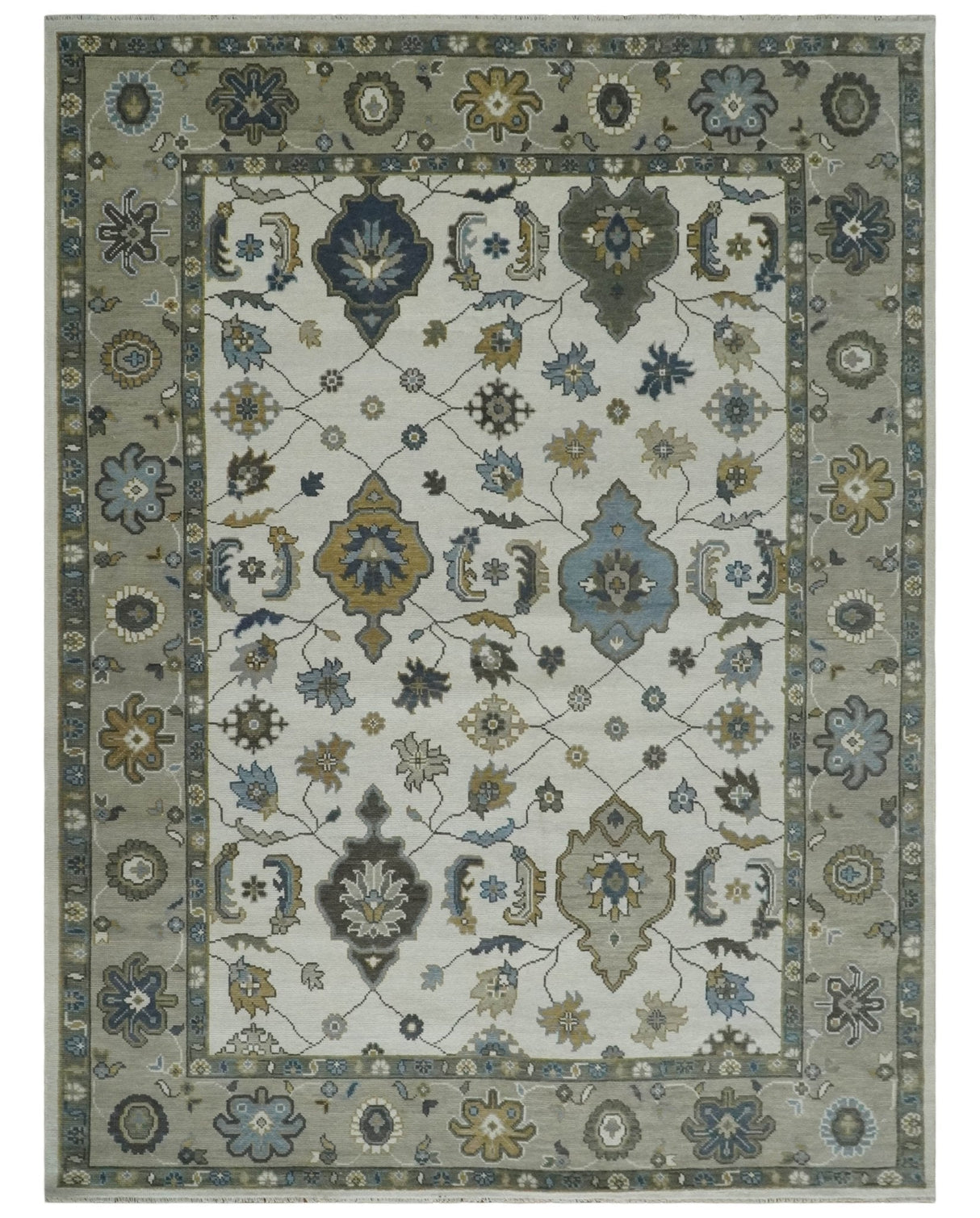 Traditional Ivory and Beige Hand Knotted Oriental Oushak Wool Area Rug