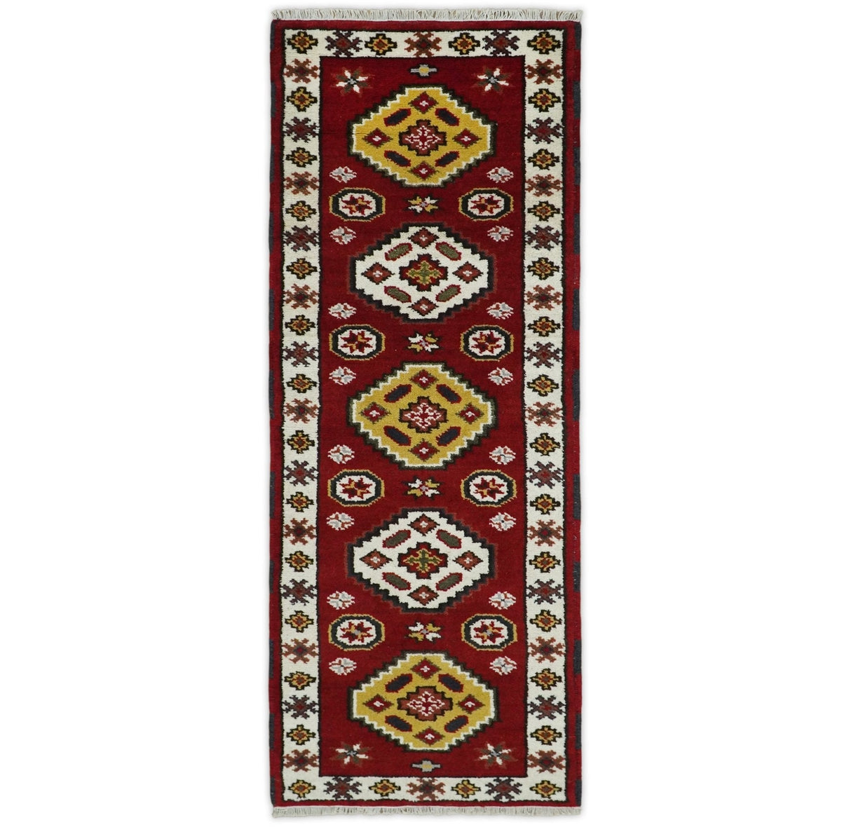 Traditional Kazak Red and Ivory Hand Knotted Wool 2x7 Area Rug