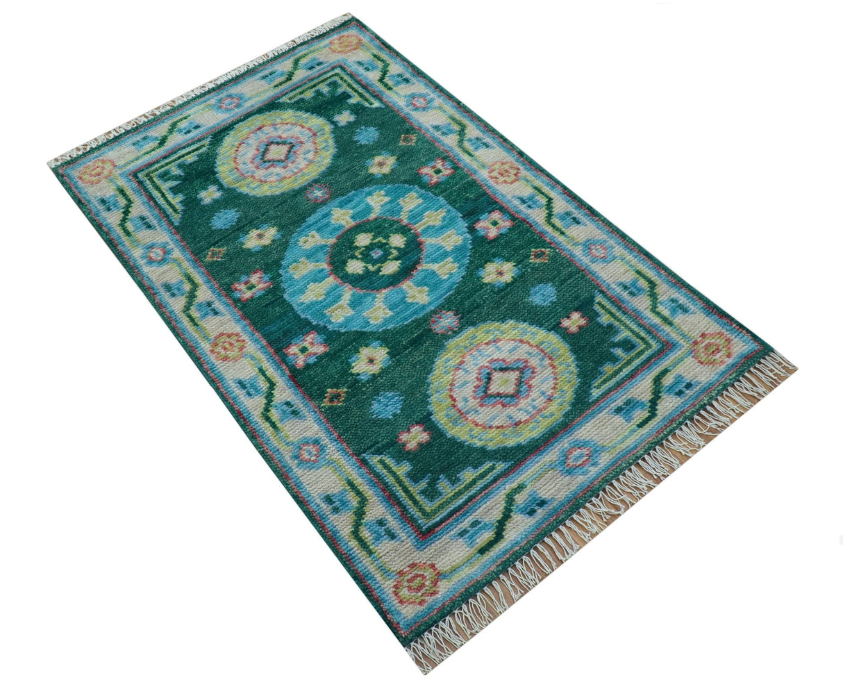 Traditional Khotan Design Teal 3x5 Hand knotted Wool Area Rug