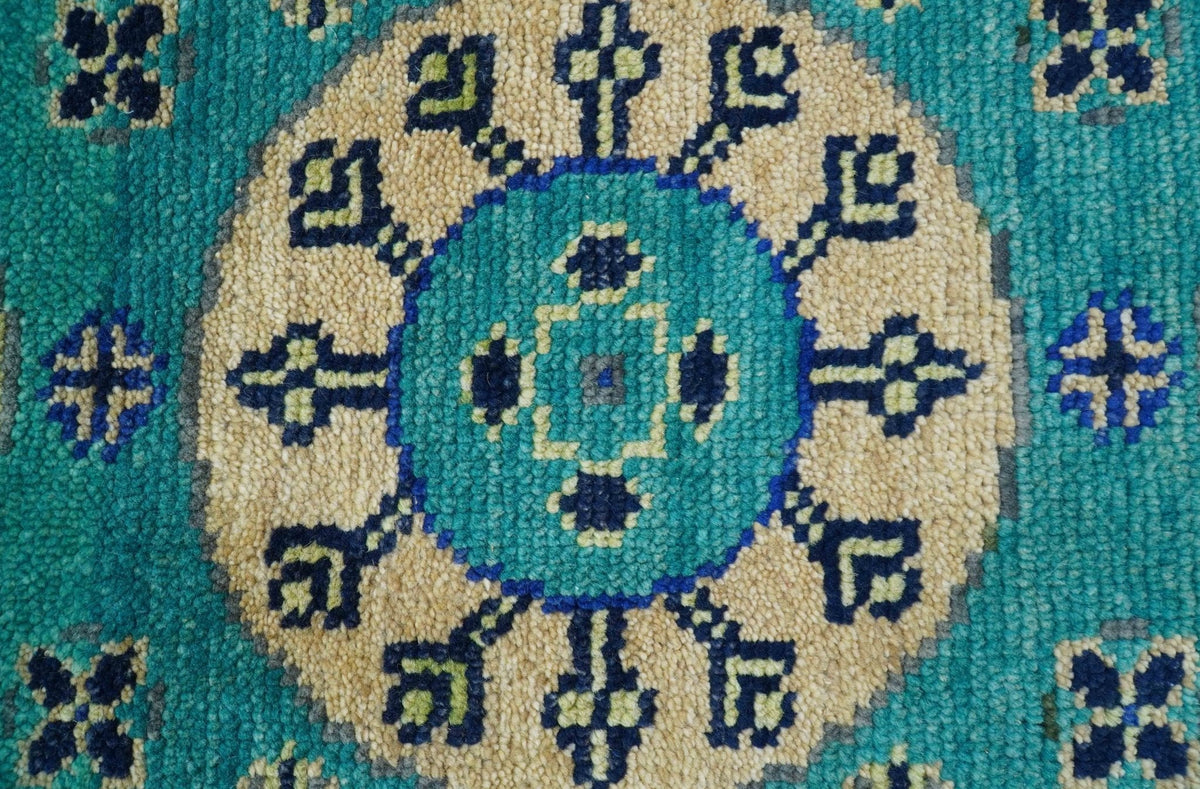 Traditional Khotan Design Teal Hand knotted 2.6x8 Wool Area Rug