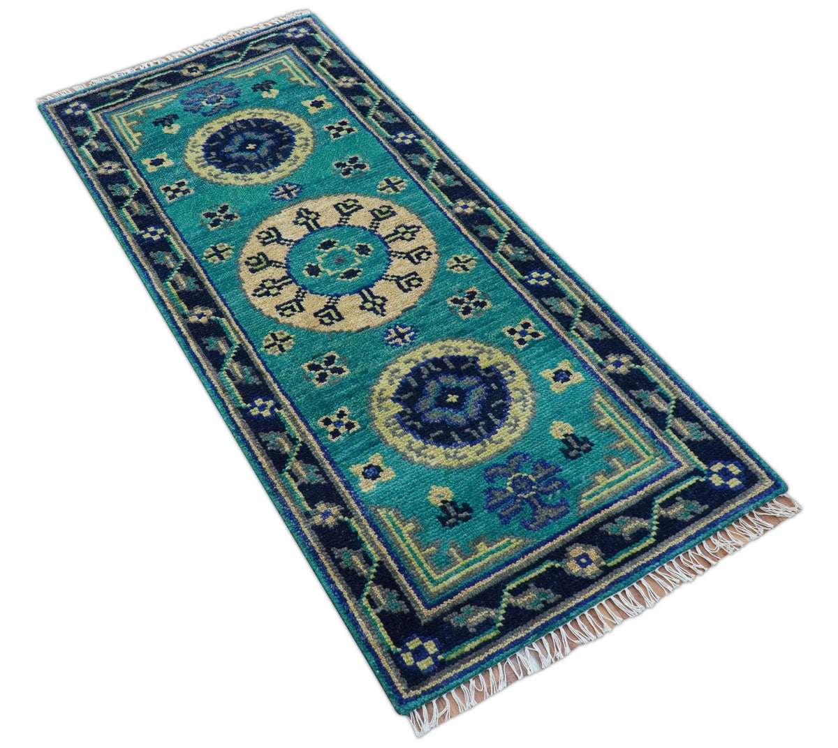 Traditional Khotan Design Teal Hand knotted 2.6x8 Wool Area Rug