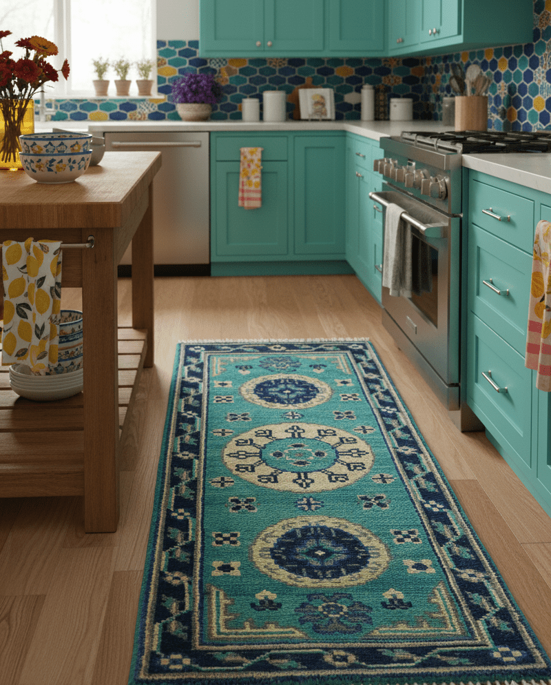 Traditional Khotan Design Teal Hand knotted 3x6 Wool Area Rug