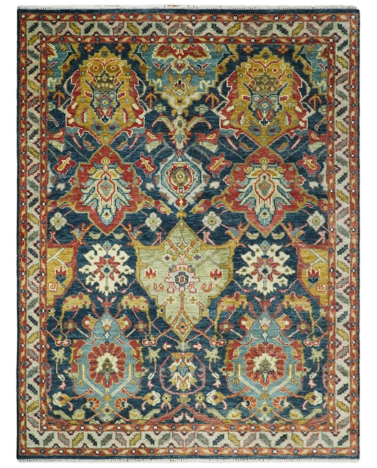 Traditional Large Design Blue, Rust and Gold Hand Knotted Multi Size wool Area Rug