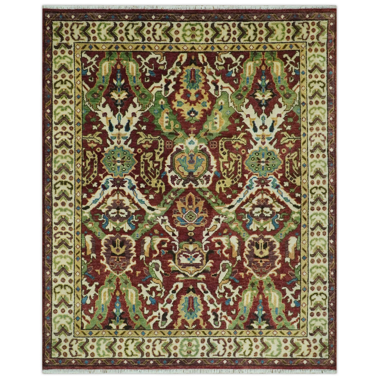Traditional Large Design Maroon and Green Hand Knotted Custom Made wool area rug