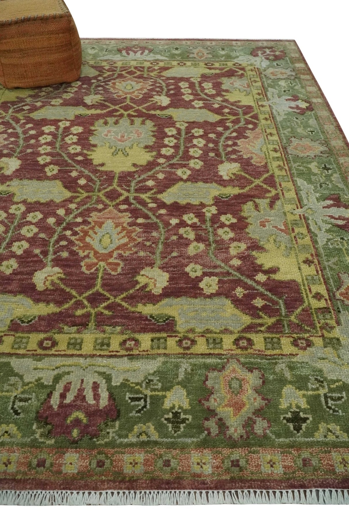 Traditional Maroon, Green and Beige Antique Donegal Design Hand knotted Area Rug