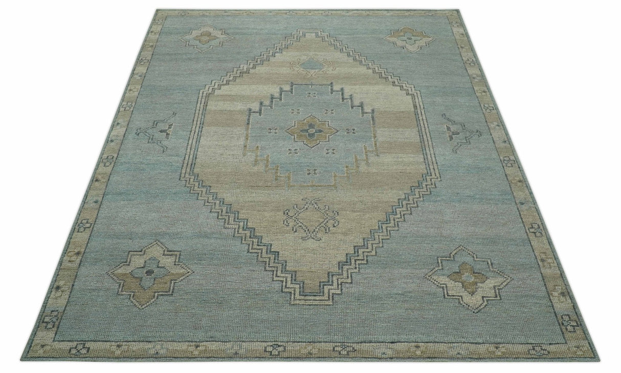 Traditional Medallion Design Blue and Beige Hand Knotted Wool Rug Custom Made