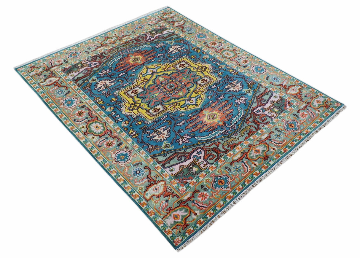 Traditional Medallion Design Blue Hand knotted 8x10 Wool Area Rug