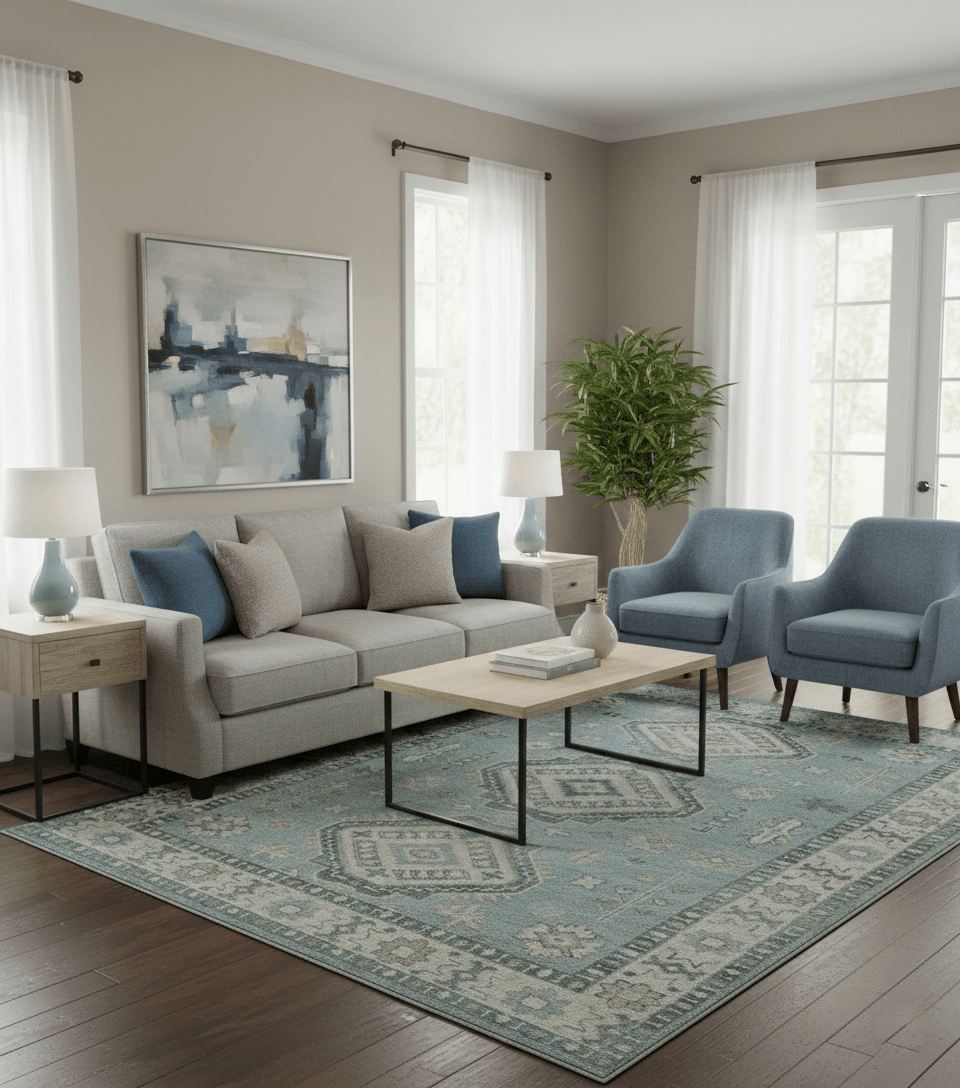 Traditional Medallions Design Blue And Beige Custom Made Wool And Linen Blend Rug