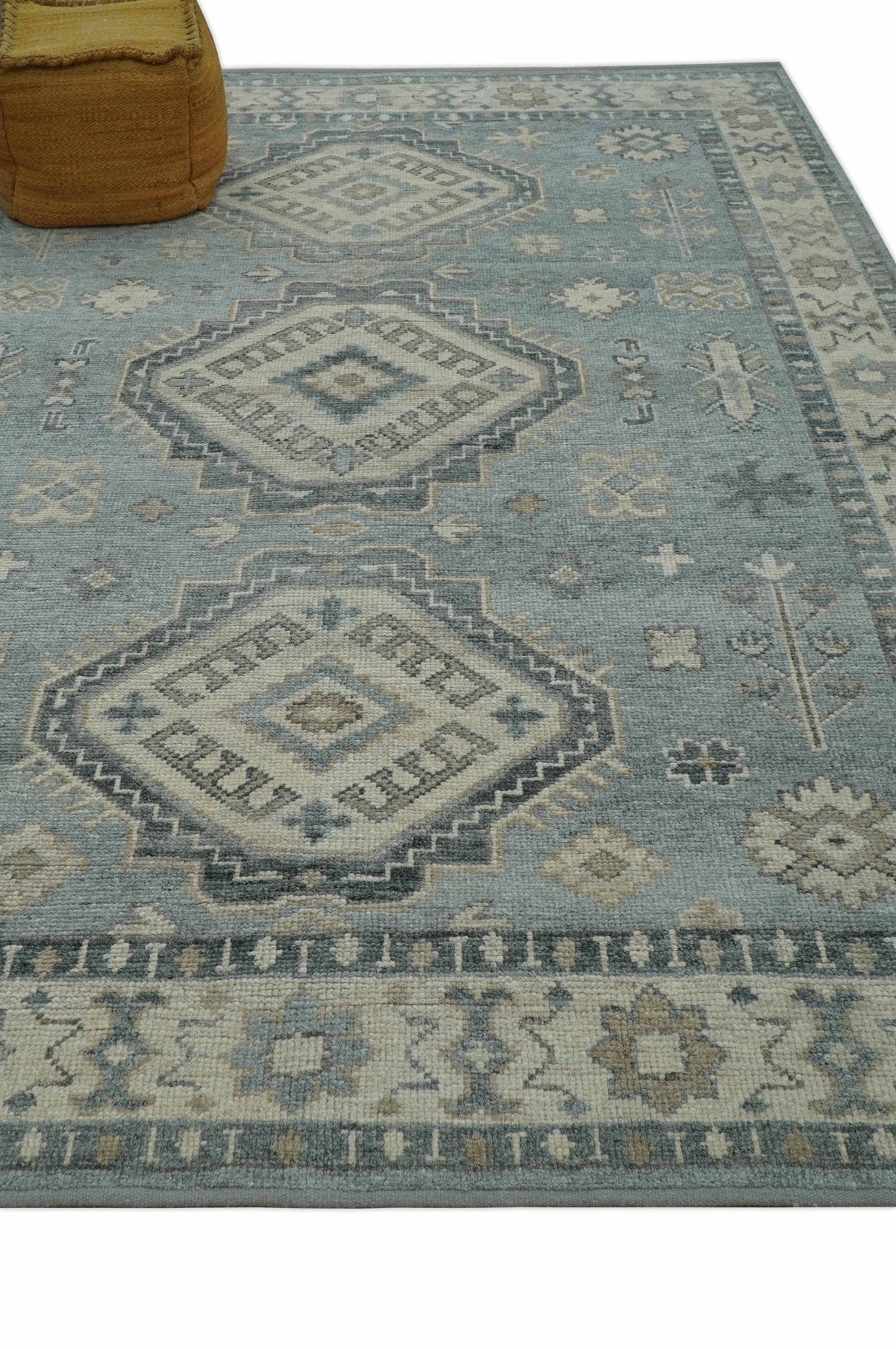Traditional Medallions Design Blue And Beige Custom Made Wool And Linen Blend Rug