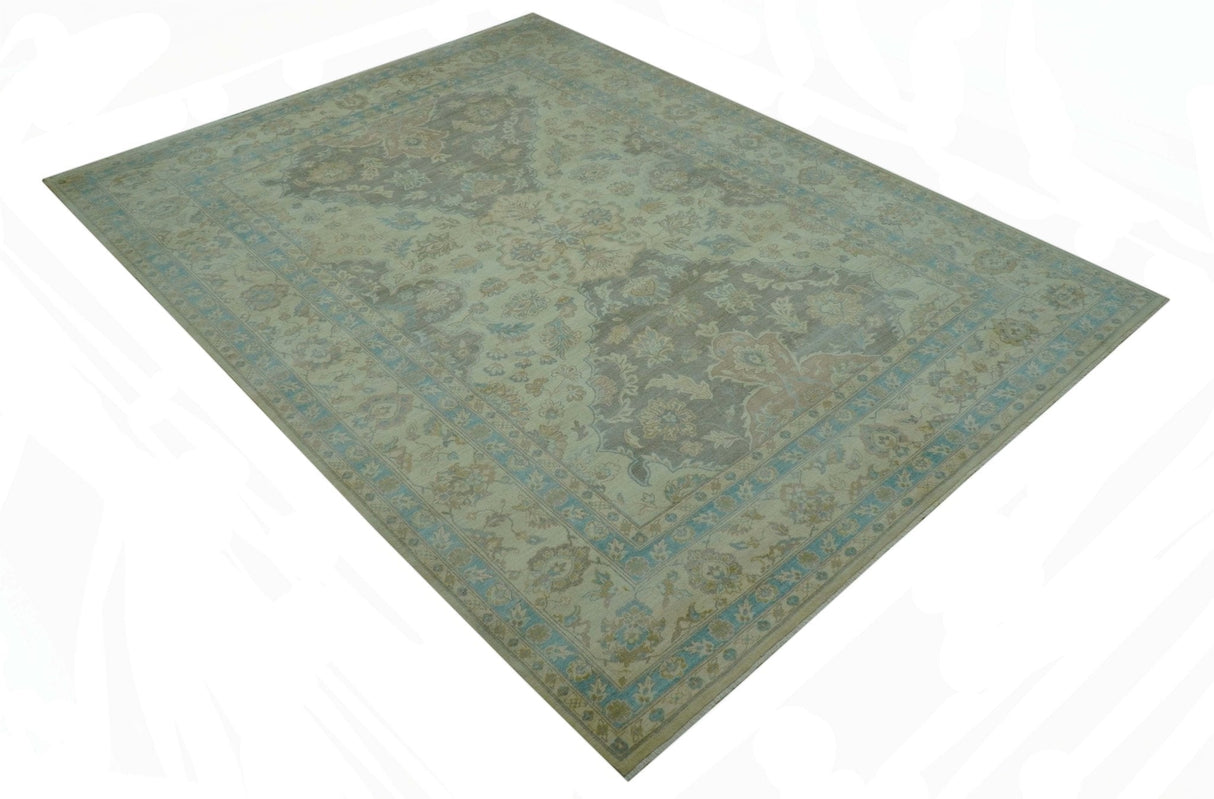Traditional Oriental Design Blue And Beige Hand Knotted 8.5x11 Wool Area Rug