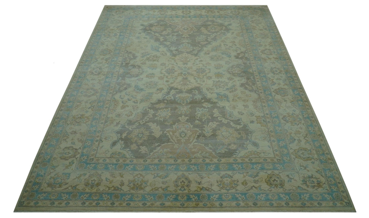 Traditional Oriental Design Blue And Beige Hand Knotted 8.5x11 Wool Area Rug