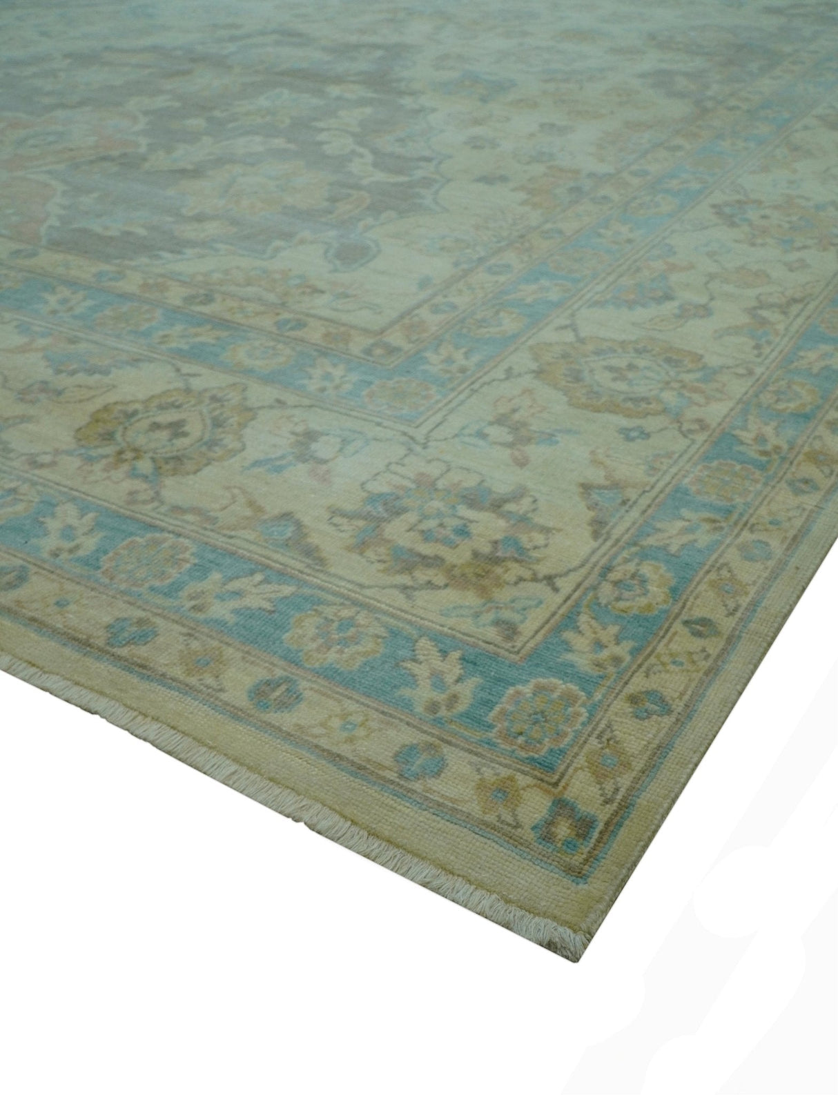 Traditional Oriental Design Blue And Beige Hand Knotted 8.5x11 Wool Area Rug