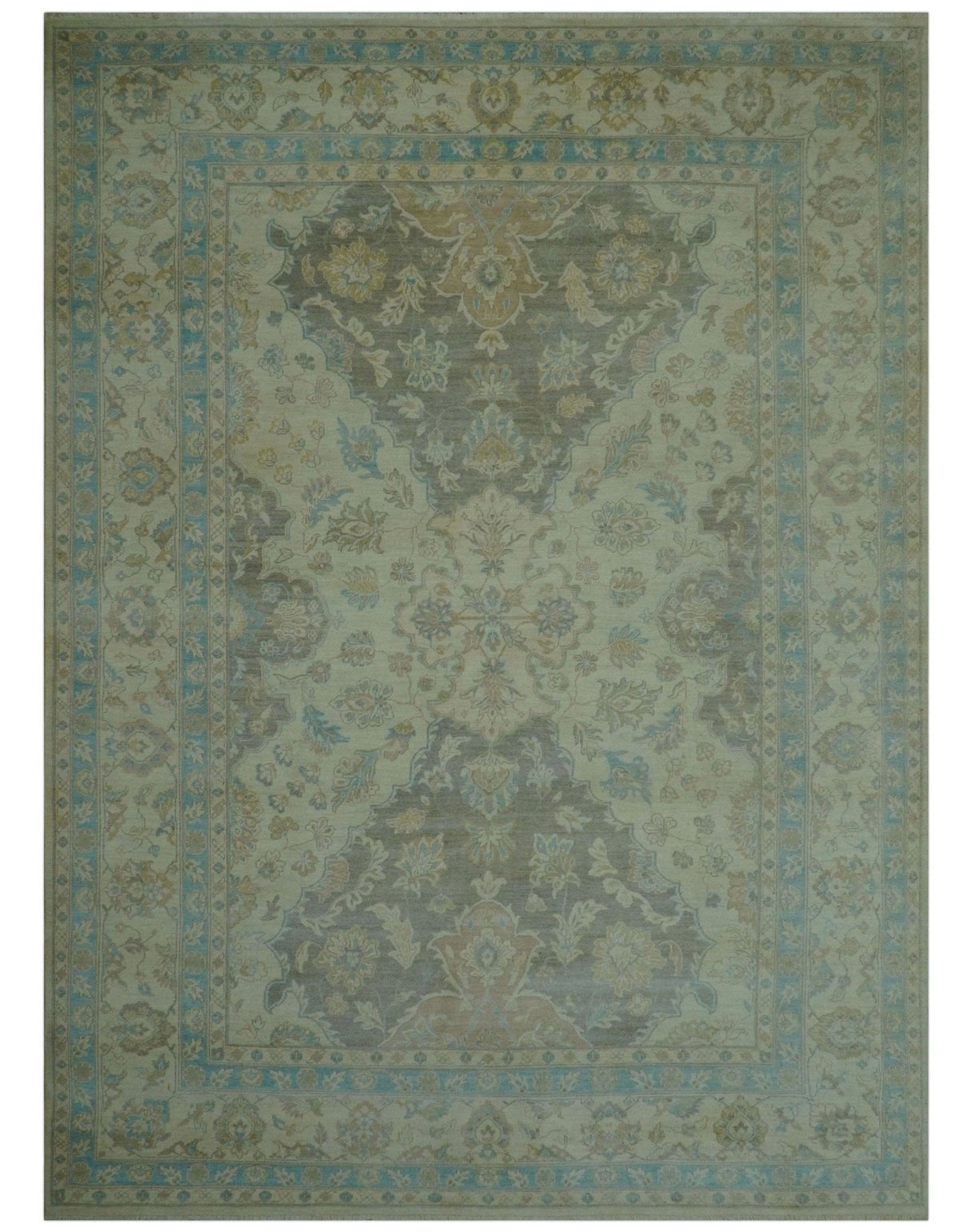 Traditional Oriental Design Blue And Beige Hand Knotted 8.5x11 Wool Area Rug