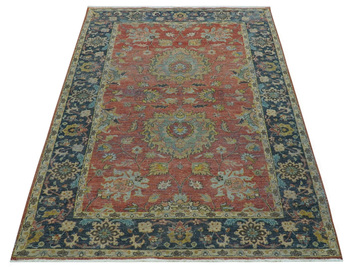 Traditional Oriental Design Fine Rust And Blue Hand Knotted 4x6 Wool Area Rug