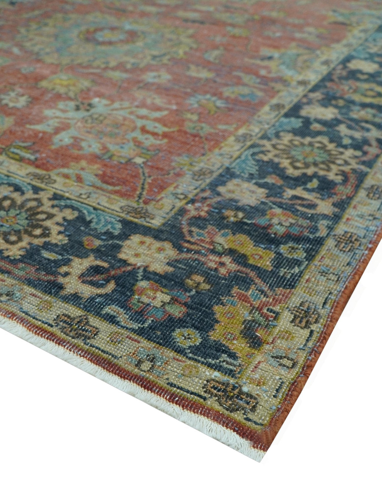 Traditional Oriental Design Fine Rust And Blue Hand Knotted 4x6 Wool Area Rug