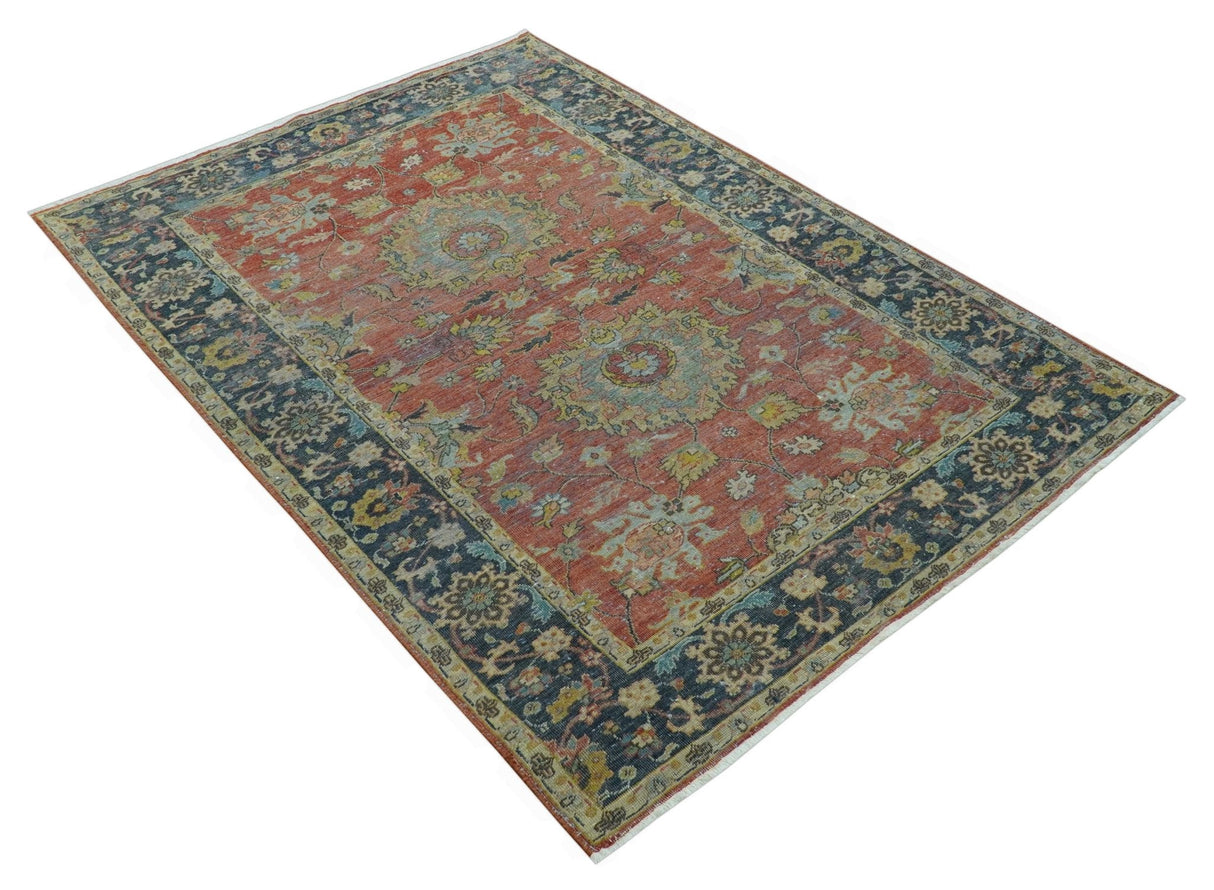Traditional Oriental Design Fine Rust And Blue Hand Knotted 4x6 Wool Area Rug