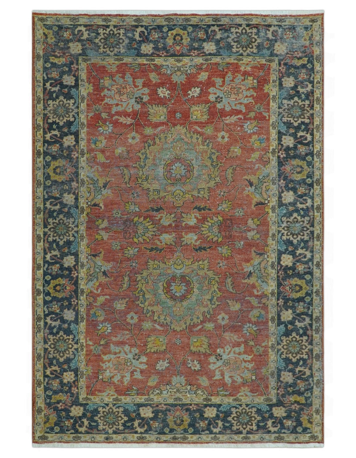 Traditional Oriental Design Fine Rust And Blue Hand Knotted 4x6 Wool Area Rug