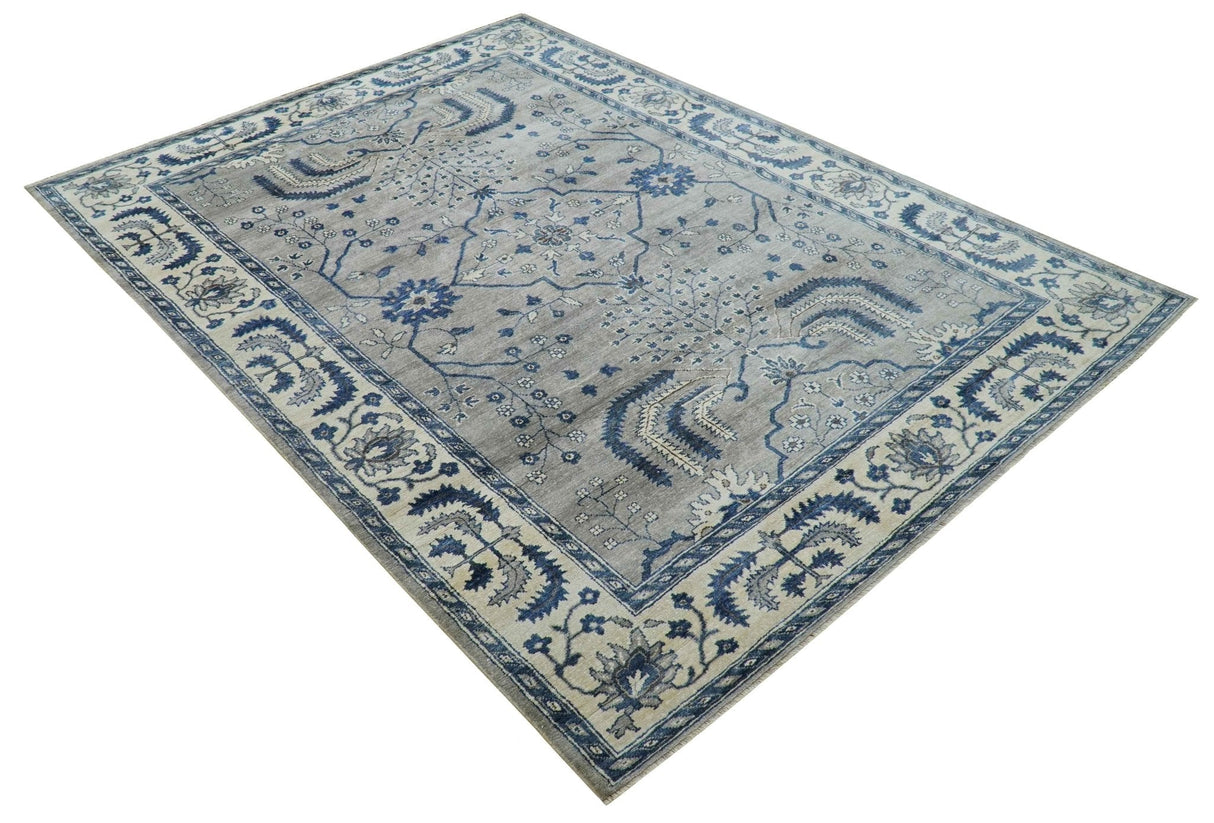 Traditional Oriental Gray And Blue Hand knotted Art Silk Area Rug