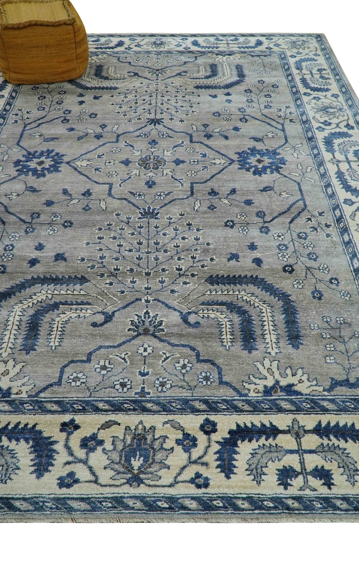 Traditional Oriental Gray And Blue Hand knotted Art Silk Area Rug